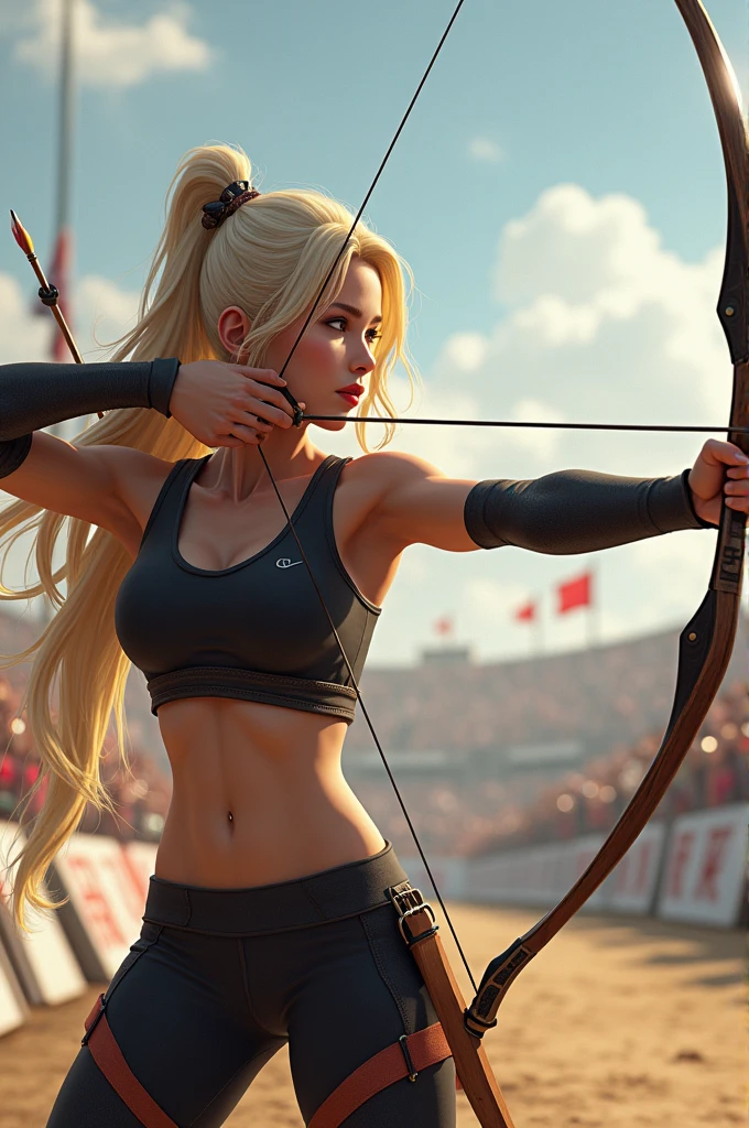 realistic styling: woman holding bow and arrow prepares to shoot at target in competition. She is blonde and oriental.