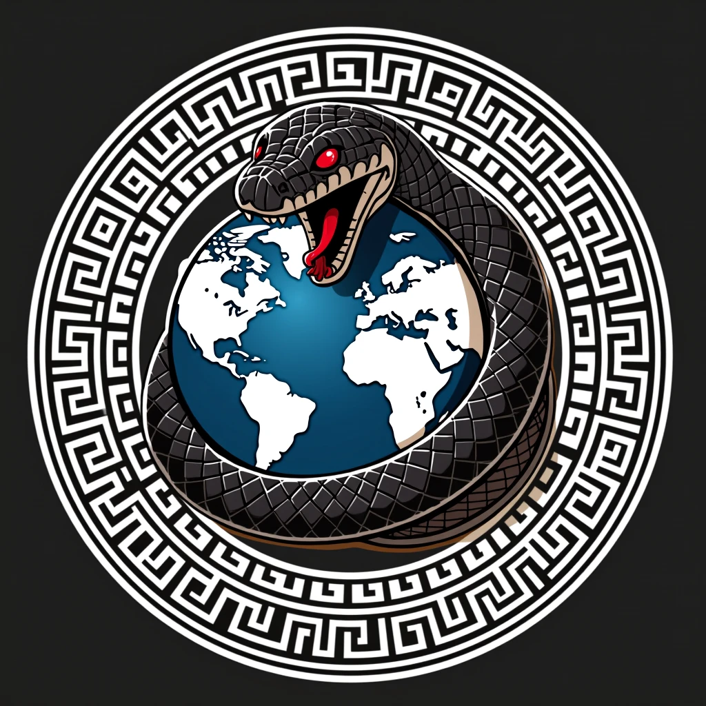 planet earth inside a greek style circle, black mamba snake wrapped in it looking towards the camera with its mouth open in attack. red eyes