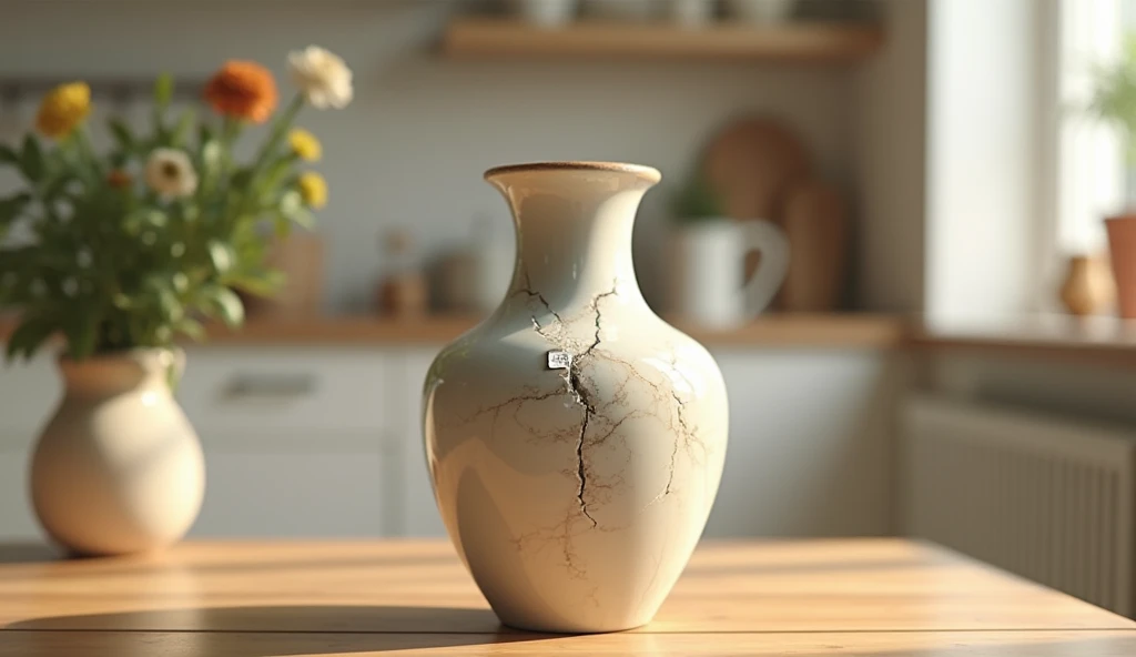 image of a broken vase with adhesive patch, realistic image, on a table in a kitchen, all decoration in light colors and well lit place