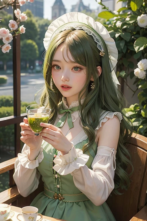 Chestnut Hair。Half-up wavy long。
Bright green eyes like peridot。A gorgeous and beautiful person。A mysterious atmosphere like the goddess of spring or the spirit of flowers.。A lady in a bright green muslin dress。Wearing a bonnet with ribbons and frills。With her eyes lowered and shy,。He frowns in a troubled manner and laughs.。
Attending an afternoon tea party and enjoying tea from elegant teacups。