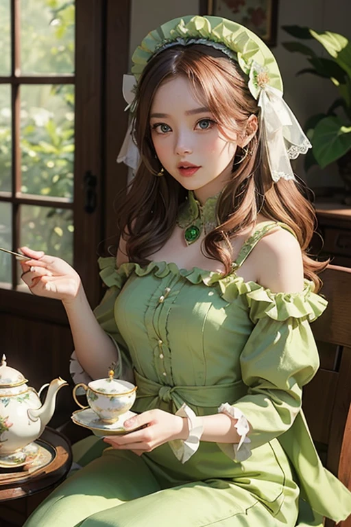 Chestnut Hair。Half-up wavy long。
Bright green eyes like peridot。A gorgeous and beautiful person。A mysterious atmosphere like the goddess of spring or the spirit of flowers.。A lady in a bright green muslin dress。Wearing a bonnet with ribbons and frills。With her eyes lowered and shy,。He frowns in a troubled manner and laughs.。
Attending an afternoon tea party and enjoying tea from elegant teacups。
