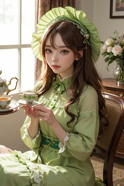 Chestnut Hair。Half-up wavy long。
Bright green eyes like peridot。A gorgeous and beautiful person。A mysterious atmosphere like the goddess of spring or the spirit of flowers.。A lady in a bright green muslin dress。Wearing a bonnet with ribbons and frills。With her eyes lowered and shy,。He frowns in a troubled manner and laughs.。
Attending an afternoon tea party and enjoying tea from elegant teacups。