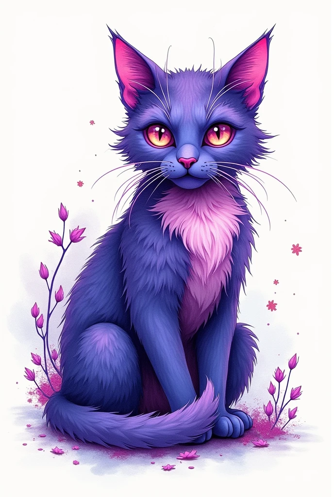 Neo traditional tattoo sketch of a cat with purple colors, blue 


