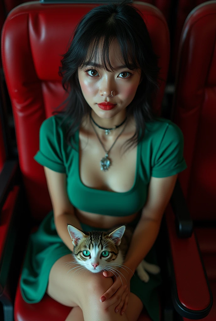 Arafed pretty asian arabic 18yo woman wearing (((unbuttoned))) cropped shirt, ((lower boobs visible)), sexy abdomen, belly button piercing, short cheerleader skirt with no panties, sexy girl with green and blue eyes, portrait "lydia scarabina", beautiful eccentric hair and large eyes, selfie of a young woman sitting leg spread in a movie theater dark room, holding a weird cat, nose piercing, natural makeup, looking directly at the camera, Artgerm, impressive full-body photo, piercing green and blue eyes, from top wide angle 24mm lens, attractive pose, cute, sexy pose, full-body image, exquisite princess, high detail, satisfied pose