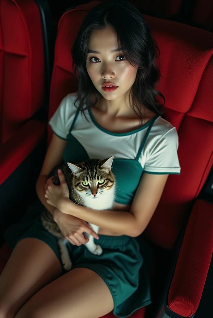 Arafed pretty asian arabic 18yo woman wearing (((unbuttoned))) cropped shirt, ((lower boobs visible)), sexy abdomen, belly button piercing, short cheerleader skirt with no panties, sexy girl with green and blue eyes, portrait "letishia norikova", beautiful eccentric hair and large eyes, selfie of a young woman sitting ((leg spread)) in a movie theater dark room, holding a weird cat, nose piercing, natural makeup, looking directly at the camera, Artgerm, impressive full-body photo, piercing green and blue eyes, from top wide angle 24mm lens, attractive pose, cute, sexy pose, full-body image, exquisite princess, high detail, satisfied pose