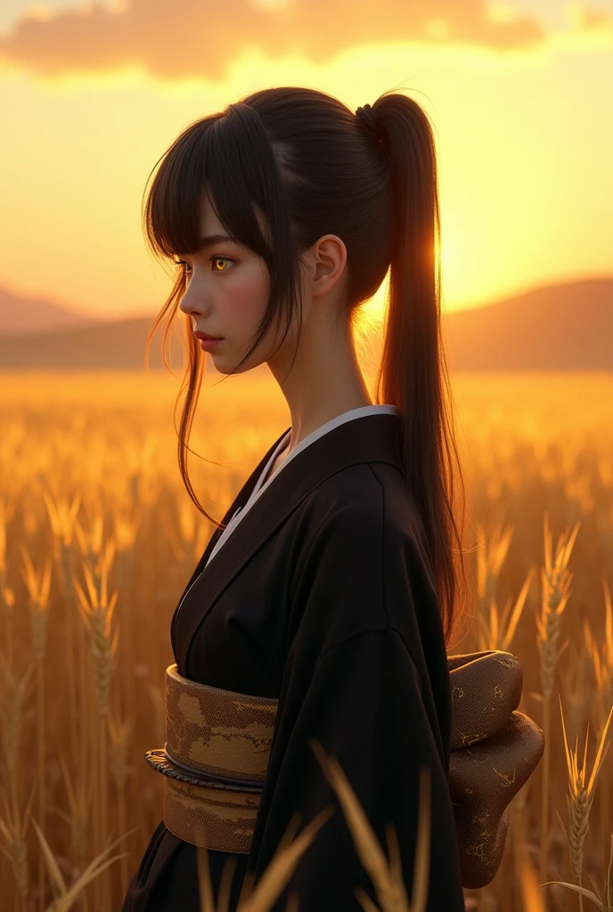 A girl in a kimono with a blank look stands waist-deep in a field of wheat, a black kimono with gold edges, her hair is tied in a ponytail, yellow eyes, the sunset is reflected in her eyes, the light falls on her face, half-sideways to the camera
