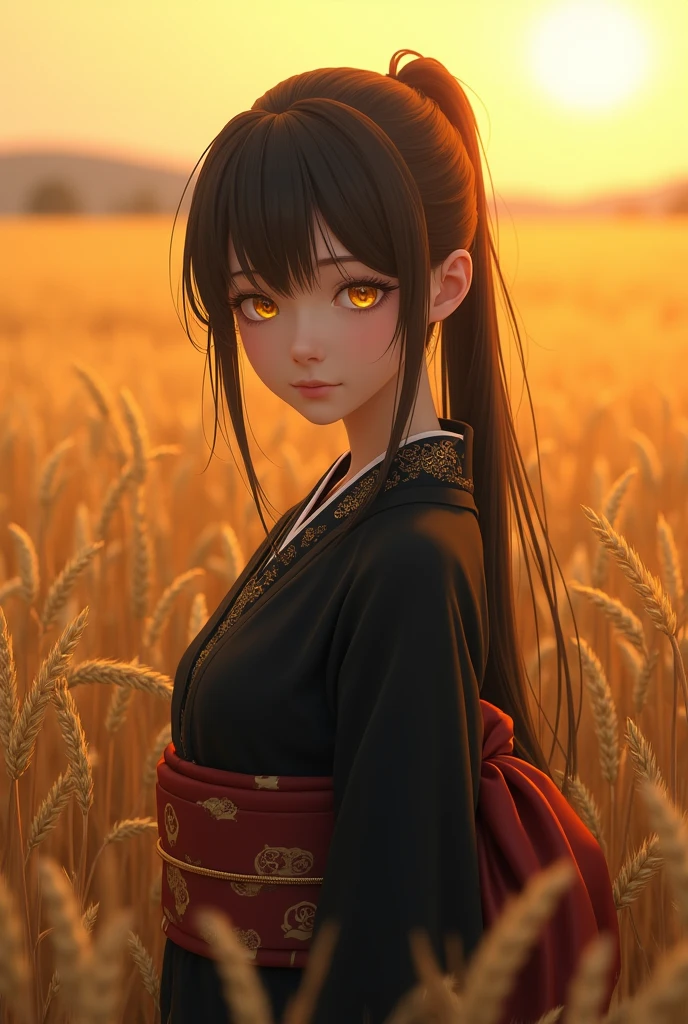 A girl in a kimono with a blank look stands waist-deep in a field of wheat, a black kimono with gold edges, her hair is tied in a ponytail, yellow eyes, the sunset is reflected in her eyes, the light falls on her face, half-sideways to the camera