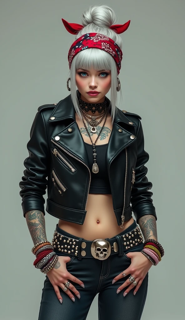 russian old milf woman, grey hair (top bun, middle part) and wide colourful bandana as headband, with very light blue eyes, extremely pale. Wearing studded cropped black moto jacket with lots of zippers and pins, black push up bra with red lining , dark skinny blue jeans and pointy silver Chelsea boots with cuban heels . Lots of colourful thick bracelets all over the wrists, colourful collars and colourful rings. Tacky wide studded leather belt with oversized skull and bones buckle. Long bohemian earrings with feathers. Standing up in a lazy way, looking at the camera,humble facial expression. Hands in her pockets, showing off wide thick bracelets and rings. Chains around belt.. Well toned abdominals, thin neck, slim legs and thin arms. Tattoed heavily in chest and hands.