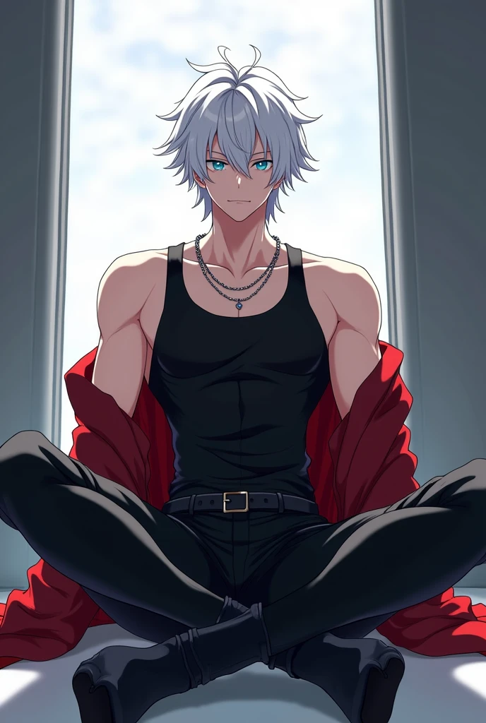 ((quality)), ((art)), ((best)), ((detailed)), 1, ((boy)), ((Anime)), he is ((1)), and is extremely ((beautiful)), and ((perfect)), body: his is ((slim muscular and athletic)), with a ((strong handsome physique)), he has ((shiny white hair like the moon with an asymmetrical shape with loose strands)), he has beautiful and beautiful ((bright blue eyes like the sky)),
he wears a ((tight black tank top that shows off his body)), ((wears a shiny silver neck necklace)), he wears a ((red jacket with long sleeves tied at the waist)), he wears a ((black pants tight)), and he is wearing a pair of ((black boots))
((He is sitting on the floor looking straight ahead)),