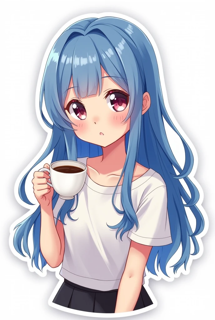 Anime girl with long hair and blue eyes in shirt and skirt, Cute anime girl, Cute anime face, extremely cute anime girl face, Anime visuals of cute girls, portrait of cute anime girl, portrait of cute anime girl, cute kawaii girl, portrait of cute anime girl, kawaii anime manga style, cute anime style, cute anime girl, splash art anime , anime, anime style, Sticker, surrounded by white outline, on transparent background, a small turn from the camera to the left, ((Drinking a cup of coffee, drinks))