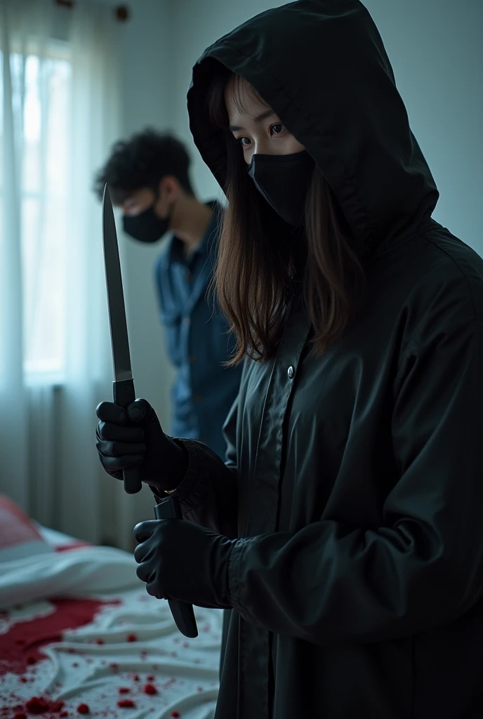 korean girl, (behind stiff, holding knife), stabbing, black surgical mask, black gloves, sunglasses, white room, night, black raincoat, hood up, holding knife, black gloves, 20 years old, woman on top, behind cadaver, blood splatter, bed room, mass murderer, killer, blood splatter, by the window