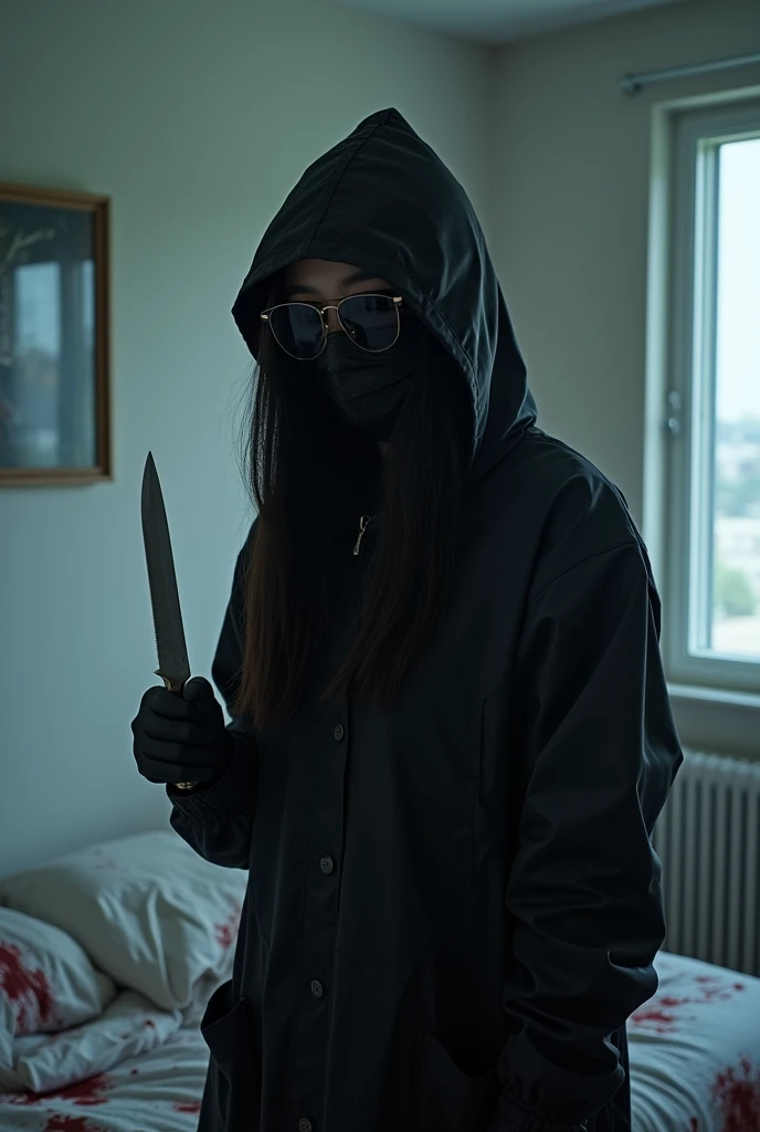 korean girl, (behind stiff, holding knife), stabbing, black surgical mask, black gloves, sunglasses, white room, night, black raincoat, hood up, holding knife, black gloves, 20 years old, woman on top, behind cadaver, blood splatter, bed room, mass murderer, killer, blood splatter, by the window
