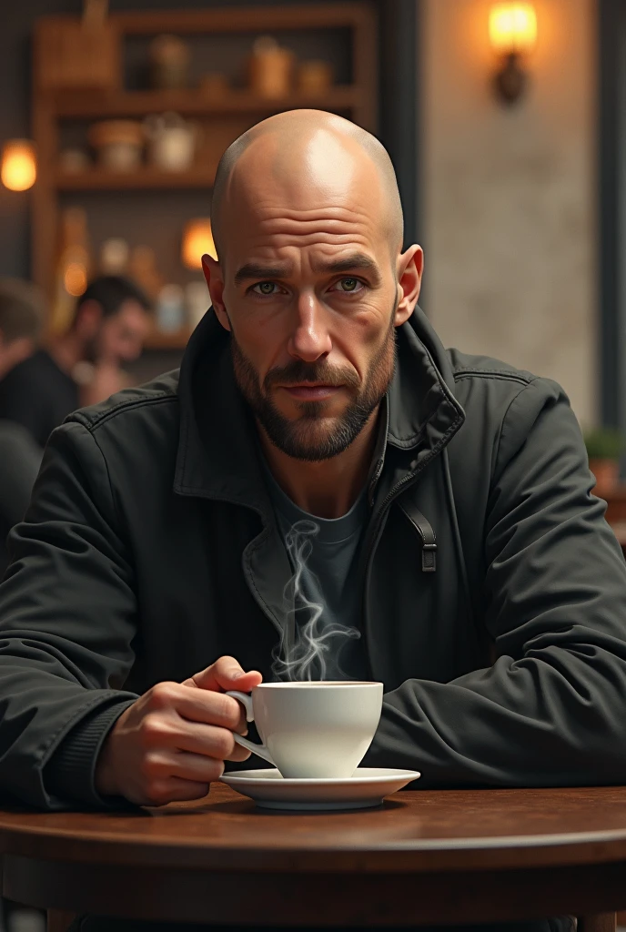 Hyper-realistic image from the 1970s of a bald man in his 30s sitting in a coffee shop in Russia. He wears an elegant outfit. with the man and the coffee shop in the background. The lighting is soft and natural, highlighting the watch's details.
