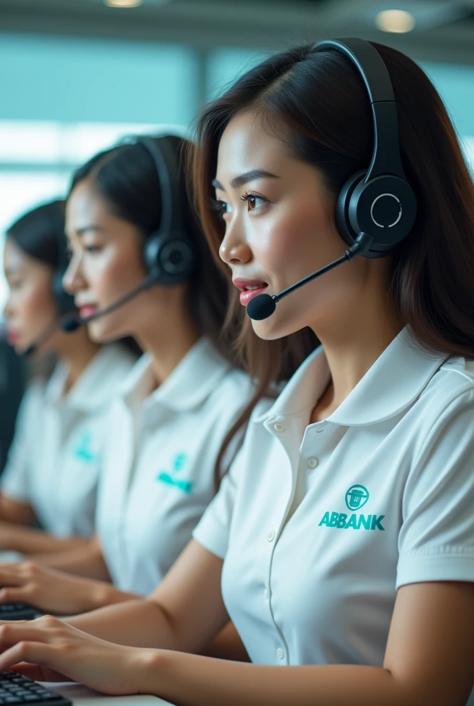 Four asia women are calling customer via softphone. They wear white polo shirt uniform with a hint of turquoise and a very small amount of orange. On the chest they just write abbank in capital turquoise without the logo.