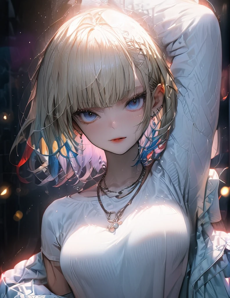 best quality, masterpiece, high resolution, A girl, blond, Blue eyes, fashion clothing, necklace, jewelry, Pretty Face, Perfect breasts, more than_Body, Tyndall effect, lifelike, Dark Studio, Side lighting, Two-color lighting, (HD Skin:1.2), 8k Ultra HD, Soft Light, high quality, Volumetric Lighting, frank, photography, high resolution, 8k, Bokeh,hort depth of field,,