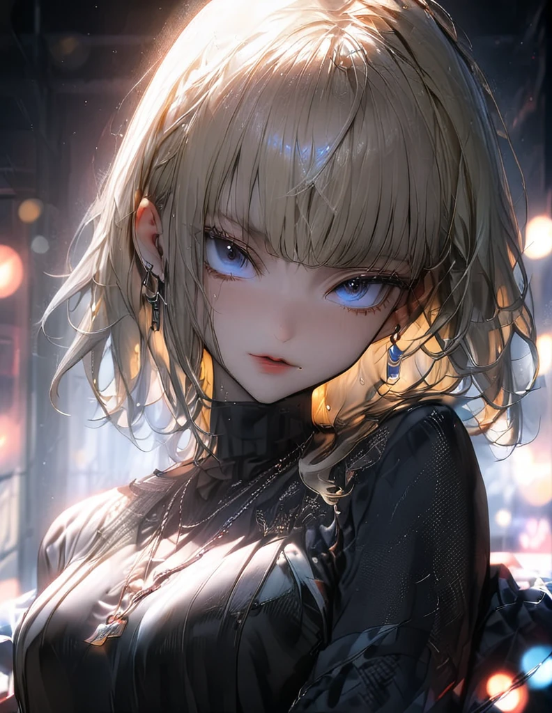 best quality, masterpiece, high resolution, A girl, blond, Blue eyes, fashion clothing, necklace, jewelry, Pretty Face, Perfect breasts, more than_Body, Tyndall effect, lifelike, Dark Studio, Side lighting, Two-color lighting, (HD Skin:1.2), 8k Ultra HD, Soft Light, high quality, Volumetric Lighting, frank, photography, high resolution, 8k, Bokeh,hort depth of field,,