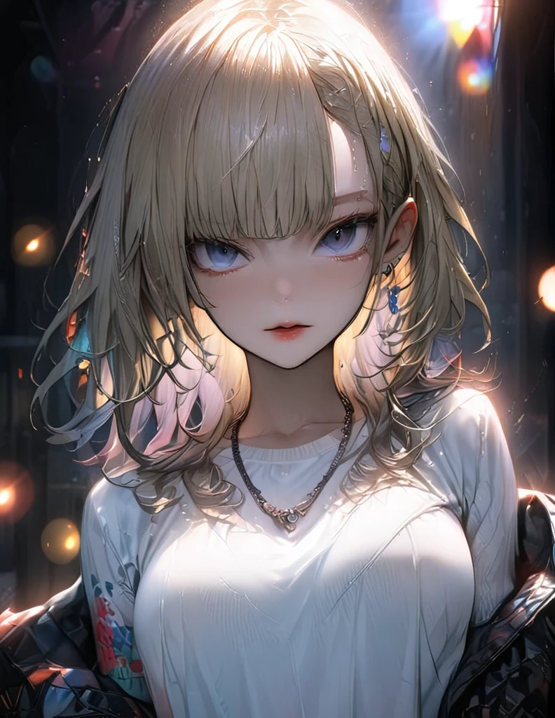 best quality, masterpiece, high resolution, A girl, blond, Blue eyes, fashion clothing, necklace, jewelry, Pretty Face, Perfect breasts, more than_Body, Tyndall effect, lifelike, Dark Studio, Side lighting, Two-color lighting, (HD Skin:1.2), 8k Ultra HD, Soft Light, high quality, Volumetric Lighting, frank, photography, high resolution, 8k, Bokeh,hort depth of field,,