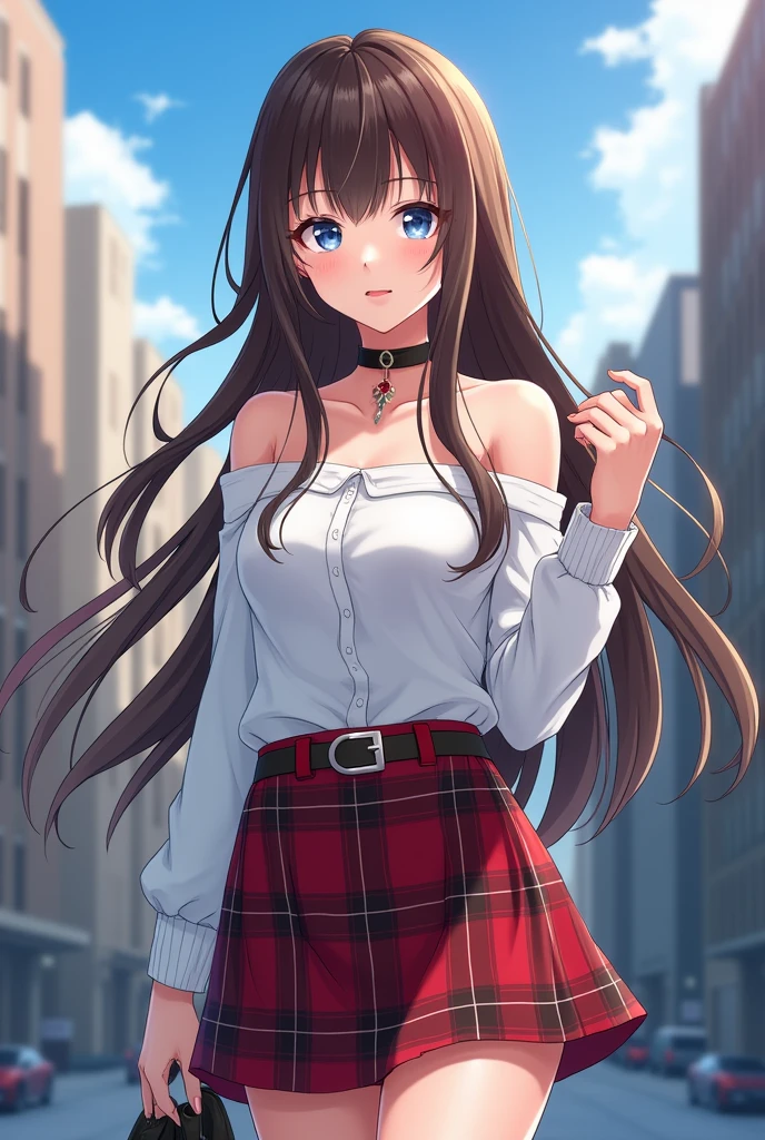 masterpiece++, best quality++, beautiful+, anime style,1person, full body image, plaid skirt, leather belt, off shoulder white dress shirt, beautiful blue eyes++, long straight brown hair, modern style, choker, cityscape background