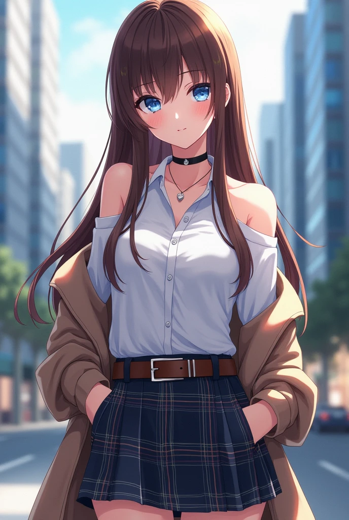 masterpiece++, best quality++, beautiful+, anime style,1person, full body image, plaid skirt, leather belt, off shoulder white dress shirt, beautiful blue eyes++, long straight brown hair, modern style, choker, cityscape background