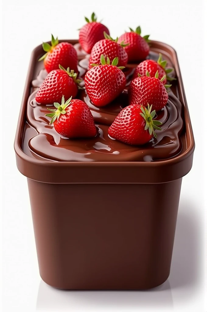 Png image of a rectangular 1 litre chocolate ice cream tub with 6 whole strawberries on top and strawberry syrup