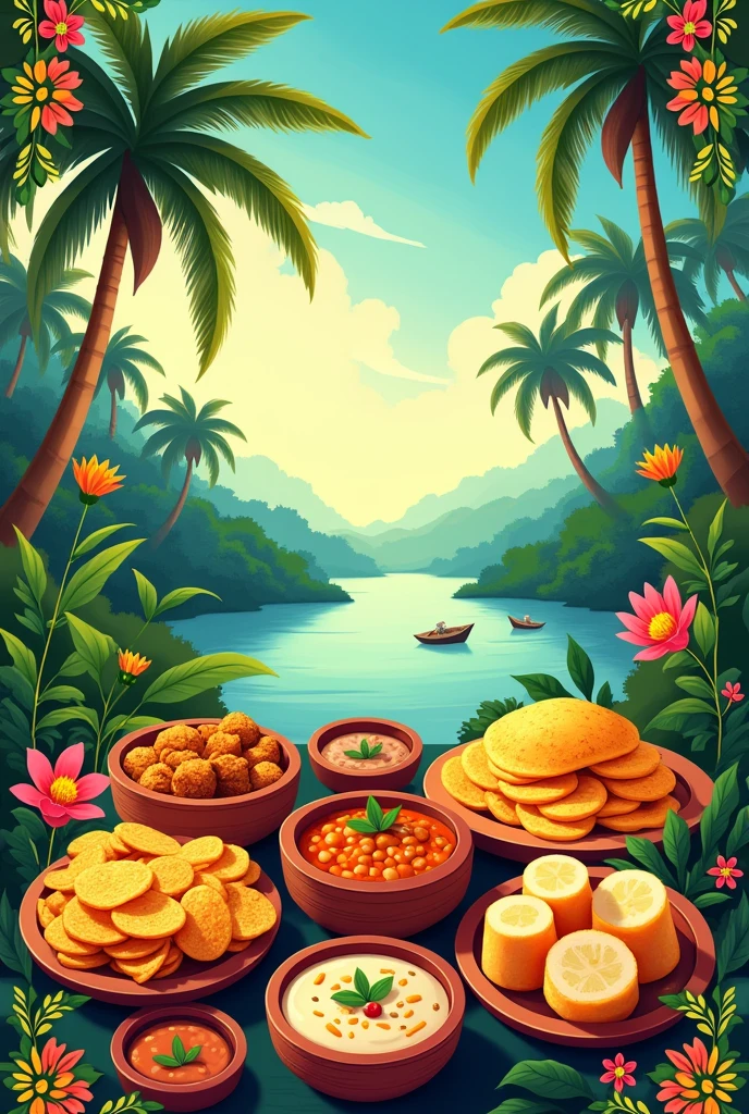 Make me a poster backgroud which theams south indian or keralian snack and foods