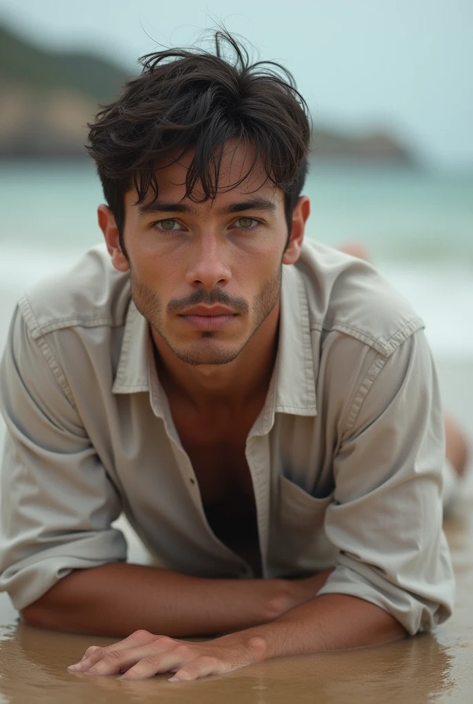 makes image of a white man, at 3, model type, with short dark hair, with clear eyes, wearing a shirt buttoned up to the neck, posing sideways, wearing underwear, lying on the wet sand on a beach in the Algarve, showing the ass, and looking at the lens