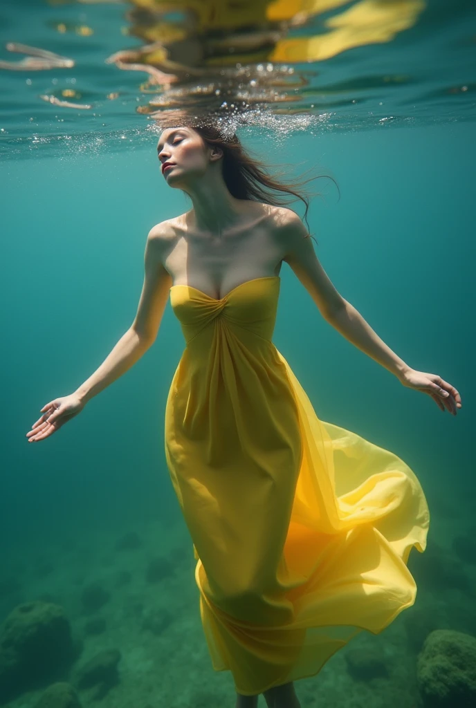 A perfect shot of a woman wearing a long yellow dress, emerging from the water, seen from the bottom of the lake, submerging herself in the water with her arms gracefully extended, her eyes closed, her lips closed and her legs stretched out. Her hands are almost touching the surface of the water. Perfect face, perfect hands, ultra-realistic, style of perfection, epic, realistic, cinemascope, no nudity, no see-through clothing