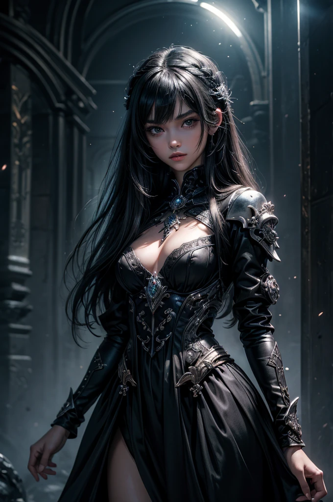 ((masterpiece, best quality, ultra-detailed, high resolution, extremely detailed CG, super detailed, Most beautiful clean lighting)), 1girl, small girl, young, cute girl, pretty face, white skin, Beautiful black long hair, black eyes, kawaii, slender, small build, small breasts, Fantasy world, world of death, black dress, skeletons, necromancer, necromancer, dark, magical world.
