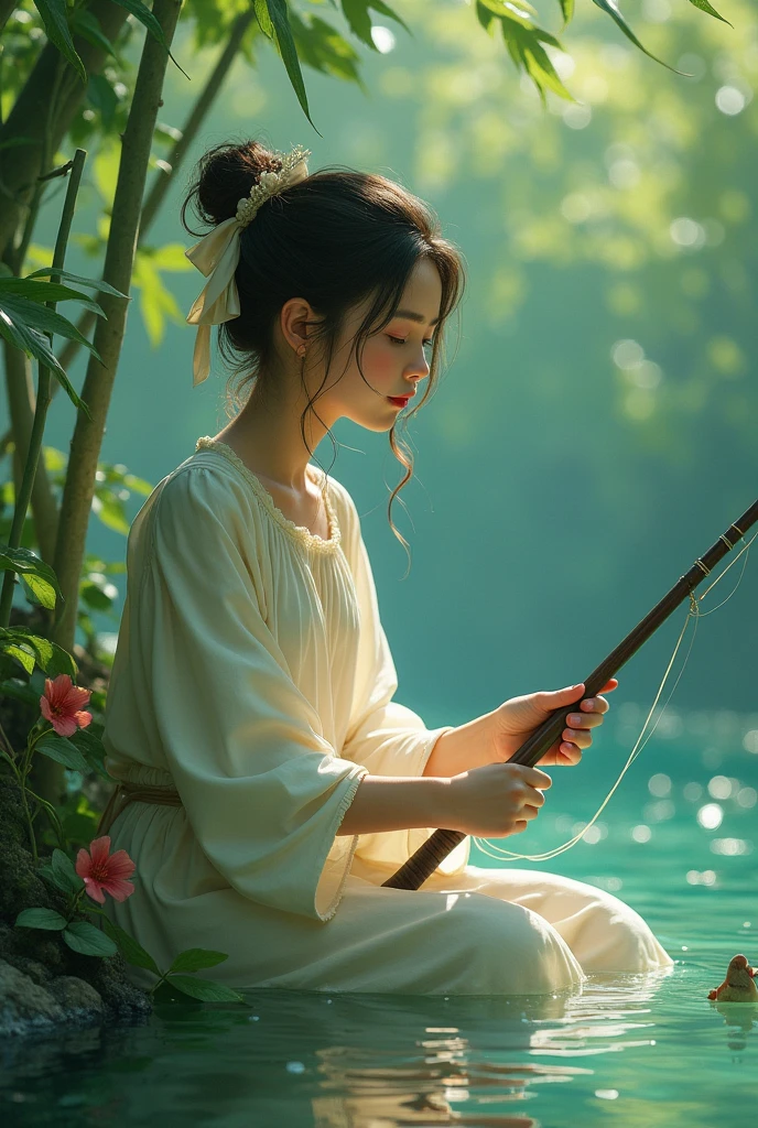 fishing.masterpiece, best quality, Ultra-high resolution, (Very detailed), (1 Fair girl), (abstract:1.4),Green, visually stunning, Fair, Evocative, emotional, ((White background)), green theme,