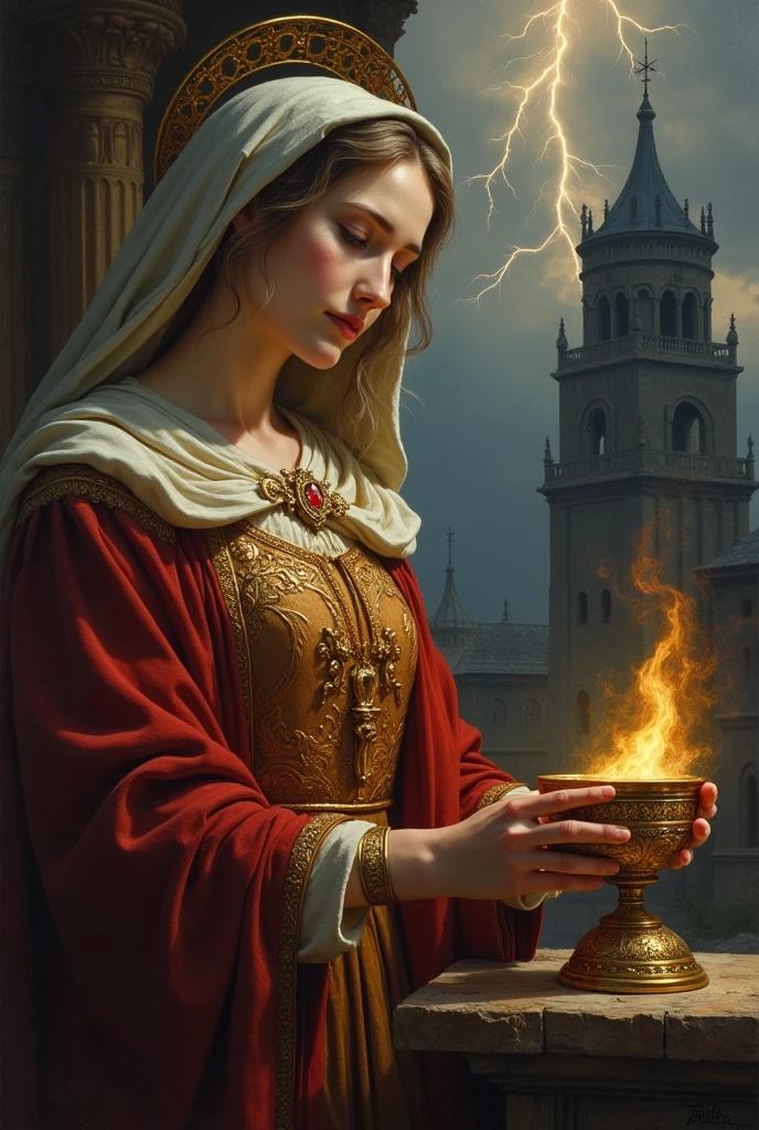 I want you to give me pictures of Saint Barbara to draw. I need the image to have the cup, the tower and the lightning 