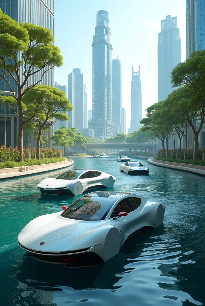 Transportation in the next 100 years, where vehicles are electric cars and floating boats are considered a new type of transportation.