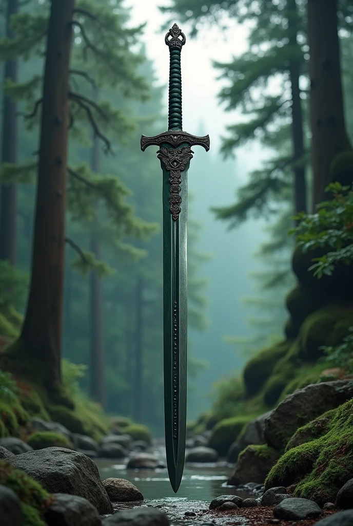 a majestic and precious dark grey and dark green sword with little circles on his curved blade. The background is a forest and rocks drawn in a traditional Japanese style
