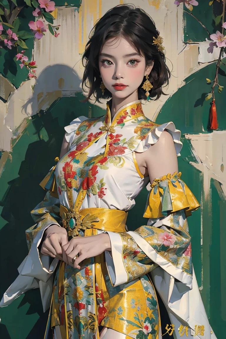 (Ultra-detailed, photorealistic, best quality, 4k, 8k, highres, masterpiece:1.3), (Vogue magazine cover), (Vogue Style Cover), 1 female, age 18, Vietnamese, tan skin, perfect body shape, super elegant appearance, wearing an Oriental Renaissance Aodai - Vietnamese traditional clothes, intricate Renaissance-inspired patterns, rich colors like deep red, gold, and emerald green, delicate lace details, high collar, puffed sleeves, standing confidently, full body showcase, no logos on background, sophisticated and artistic background to complement the model, timeless beauty, blend of Eastern and Western art.