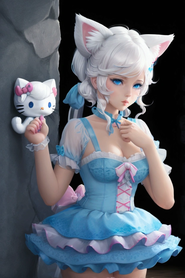 hello kitty, white hair, blue eyes, cat ears