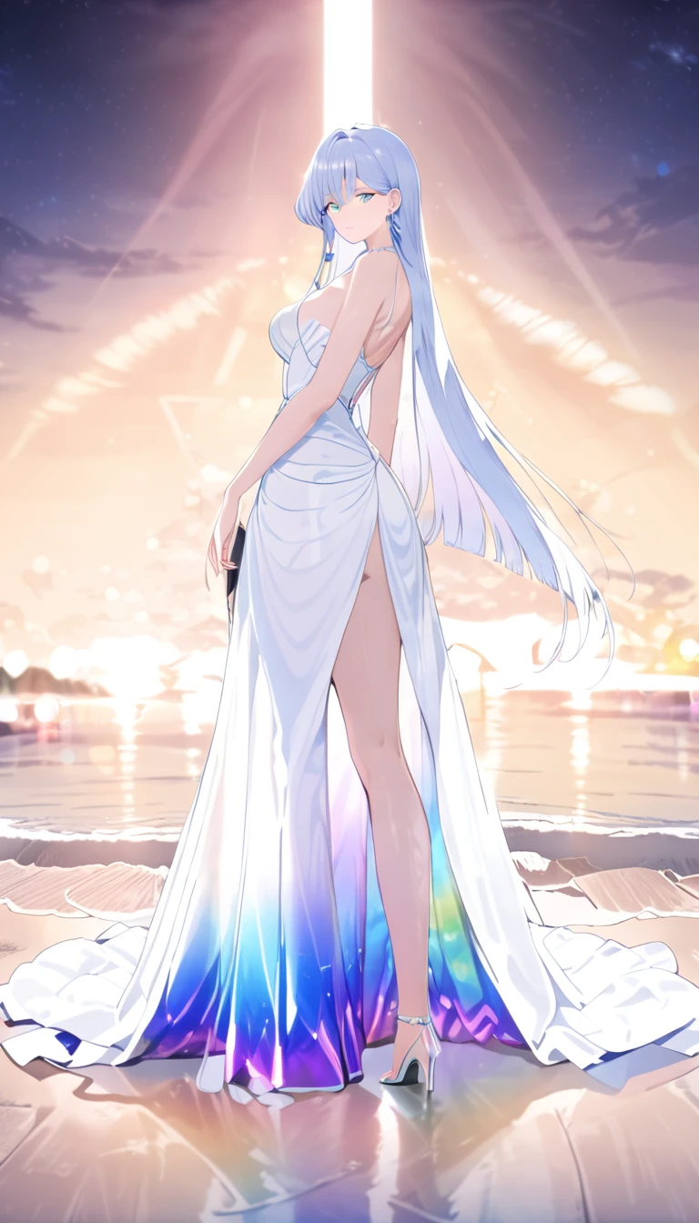  ((high detail, high quality, best picture, Masterpiece, 8k, delicate and dynamic depiction)), summer lights, White terrace by the beach, full body standing, sexy pose, beautiful woman in her 20s with medium breasts, she is wearing a Gorgeous and voluminous white dress made of lots of fabric, Luminous design, shiny glossy iridescent clothes, shiny glossy gradient iridescent clothes, shiny reflective clothes, pastel colors, ink drops, Bokeh, Pale, soft gradient,