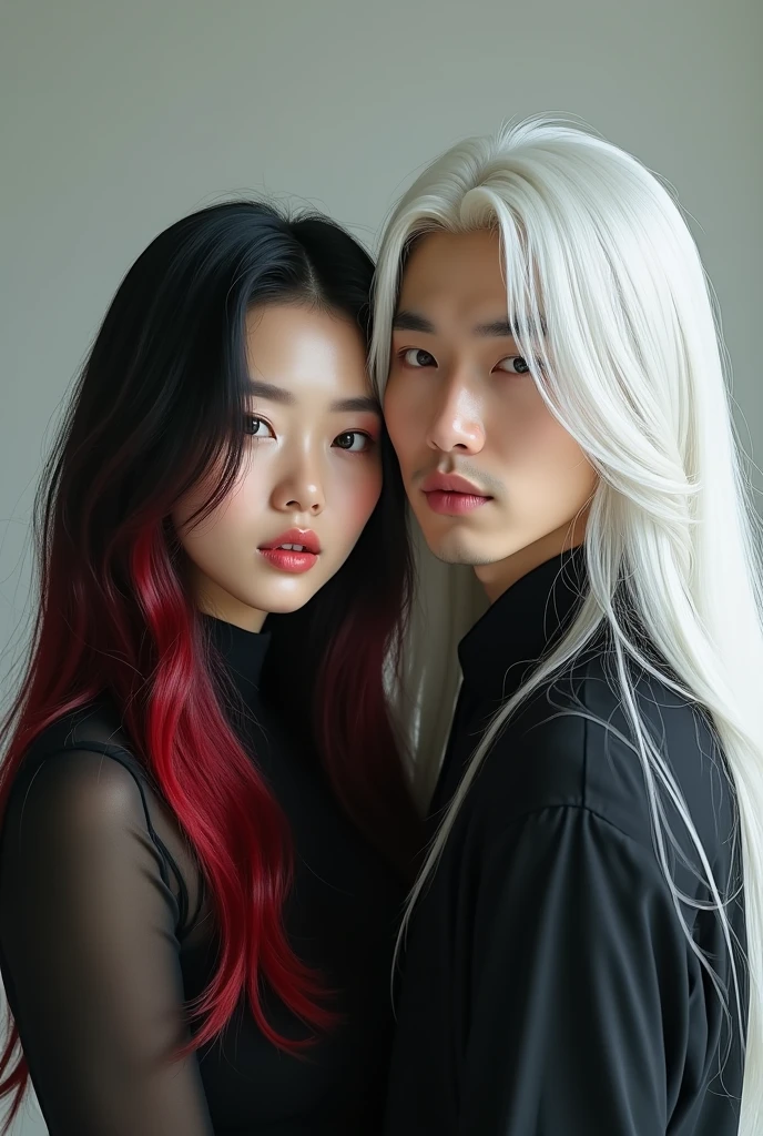 Korean woman with black hair and red streaks next to Korean man with long white hair