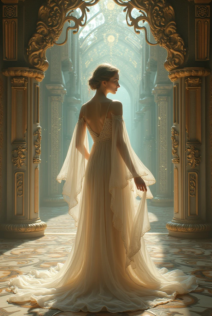 A woman wearing a transparent dress is standing in front of a mirror looking, imagem realista, 8K High Resolution, obra-prima