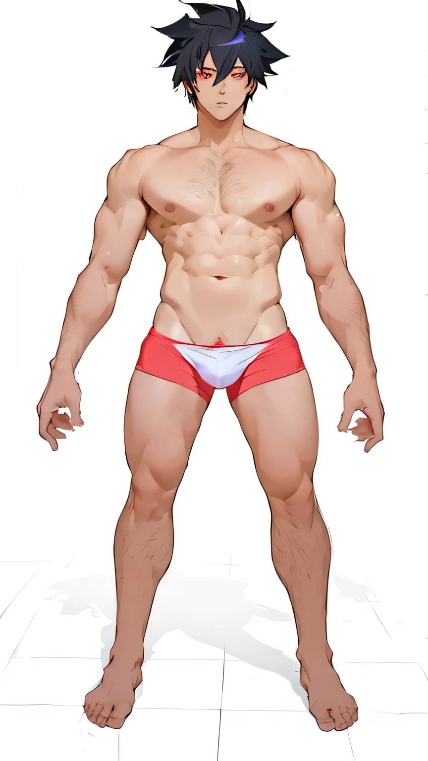 Anime man in white underwear standing with his hands on his hips, realistically proportioned body, male body, whole body highly detailed, proper human male proportions, complete body view, full character body, masculine proportions, centered full body rear-shot, realistic body proportions, realistic anatomical proportions, male aeromorph, detailed body shape, spiky anime hair, black hair, red eyes, bara,
