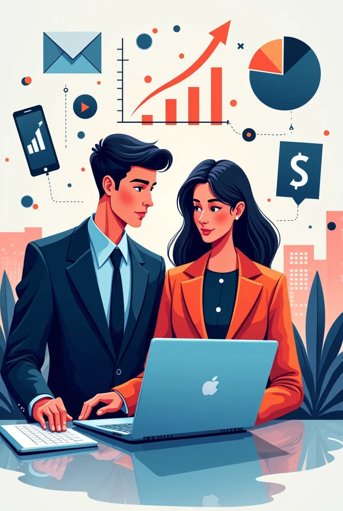 A modern, vibrant design featuring a professional man in coat suit and a professional girl in coat suit (late teens to early twenties) sitting in front of a laptop, surrounded by symbols of online success (e.g., a growing graph, a smartphone with a rising arrow, a tablet with a dollar sign). The background could be a subtle gradient of a office room black and whites, conveying a sense of technology and innovation.