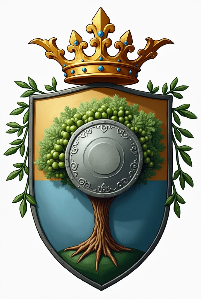 Draw a classic shield-shaped coat of arms. No centro do escudo, place a stylized saucer in a silver or gray color, symbolizing a solid foundation. About the saucer, put a green olive tree, with detailed leaves and sturdy branches, representing peace and prosperity. At the top of the shield, add a golden crown with ornate details, symbolizing royalty and nobility. The bottom of the shield must be divided into two parts: the left half in blue, and the right is blank, representing balance and serenity.