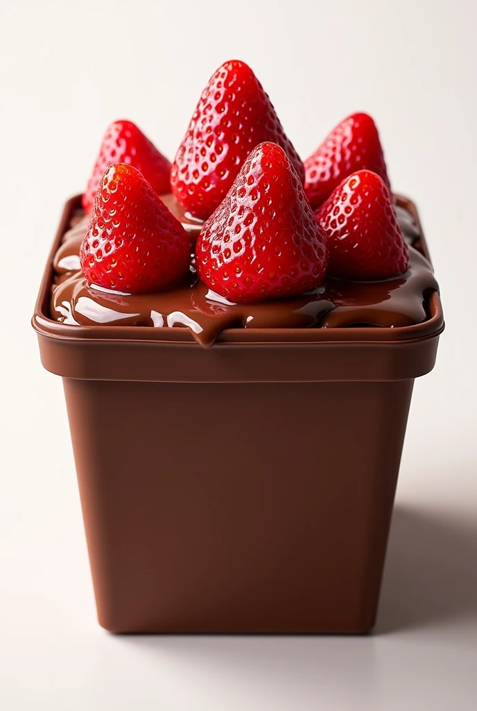 Png image of a rectangular 1 litre chocolate ice cream tub with 6 whole strawberries on top and strawberry syrup