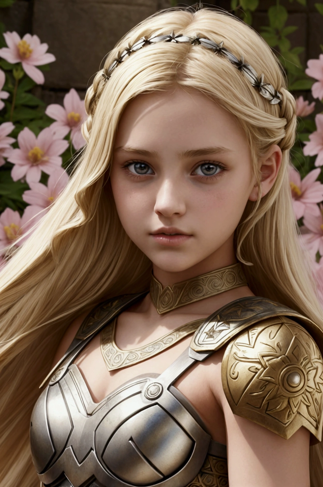 girl, roman warrior, princess blade , , teen girl,, small breasts, mini cropped, valkyrian princess ,blonde, detailed face, beautiful, confiant, background in uk land with flowers