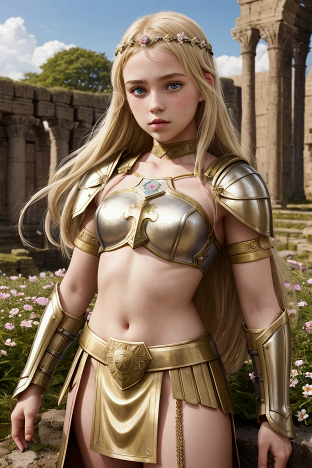  girl, roman warrior, princess blade , , teen girl, small breasts, mini cropped, valkyrian princess ,blonde, detailed face, beautiful, confiant, background in uk land with flowers, nsfw soft
