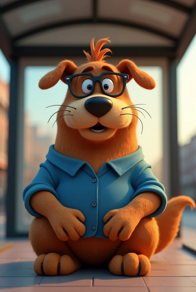 Cartoon character of a big brown dog in black glasses and a blue shirt, At the bus stop, an animated character, stylized character, animation style rendering, 3d stylized, Arnold Maya rendering, Stylized 3D rendering, toon render screenshot, 3d character, 3d character, Stylized 3D rendering, 3D character rendering, cartoon character, Personagem de close up, character posing, (Pixar-style) (master part:1.2) (bokeh) (best qualityer) (skin detailed) (detailed texture) (8k) (Argilla) (cinematic lighting) (sharp focus,Sit down and lift your upper body