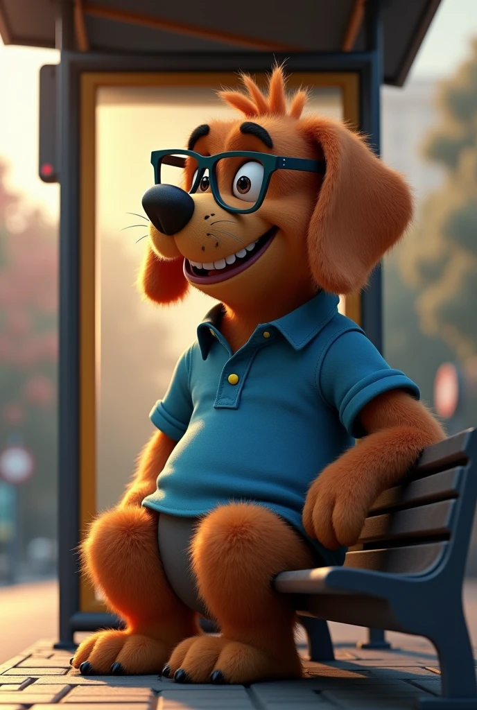 Cartoon character of a big brown dog in black glasses and a blue shirt, At the bus stop, an animated character, stylized character, animation style rendering, 3d stylized, Arnold Maya rendering, Stylized 3D rendering, toon render screenshot, 3d character, 3d character, Stylized 3D rendering, 3D character rendering, cartoon character, Personagem de close up, character posing, (Pixar-style) (master part:1.2) (bokeh) (best qualityer) (skin detailed) (detailed texture) (8k) (Argilla) (cinematic lighting) (sharp focus，Sit down and lift your upper body