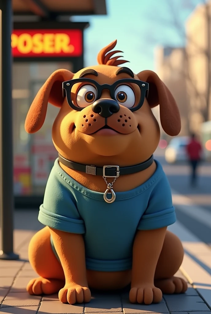 Cartoon character of a big brown dog in black glasses and a blue shirt, At the bus stop, an animated character, stylized character, animation style rendering, 3d stylized, Arnold Maya rendering, Stylized 3D rendering, toon render screenshot, 3d character, 3d character, Stylized 3D rendering, 3D character rendering, cartoon character, Personagem de close up, character posing, (Pixar-style) (master part:1.2) (bokeh) (best qualityer) (skin detailed) (detailed texture) (8k) (Argilla) (cinematic lighting) (sharp focus,Sit down and lift your upper body