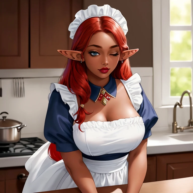 ((ultra quality)), ((Masterpiece)), ((8K)), ((elf house worker)), ((long red hair)), (Beautiful face), (Dark lips), charming, ((sexy facial expression)), looks at the camera, eyes closed a little, (skin color dark blue), (dark blue skin), glare on the body, ((detailed beautiful female eyes)), ((Light blue eyes)), (beautiful female lips), (dark eyeliner), (beautiful female hands), ((Ideal female figure)), Ideal female body, beautiful waist, beautiful hips, Medium breasts, (cloth: housemaid costume), ((subtle and beautiful)), stands temptingly (face close up), background: big fantasy, house kitchen, ((depth of field)), ((high quality clear image)), (clear details), ((High detail)), realistically, ((Clear Focus))
