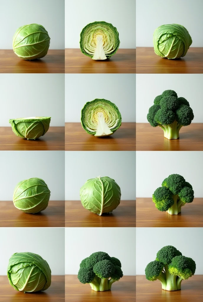 Make 9 progress photos starting with a green cabbage lying on the table., then cut in half to reveal the internal structure, then gradually transformed into a broccoli house through the construction process