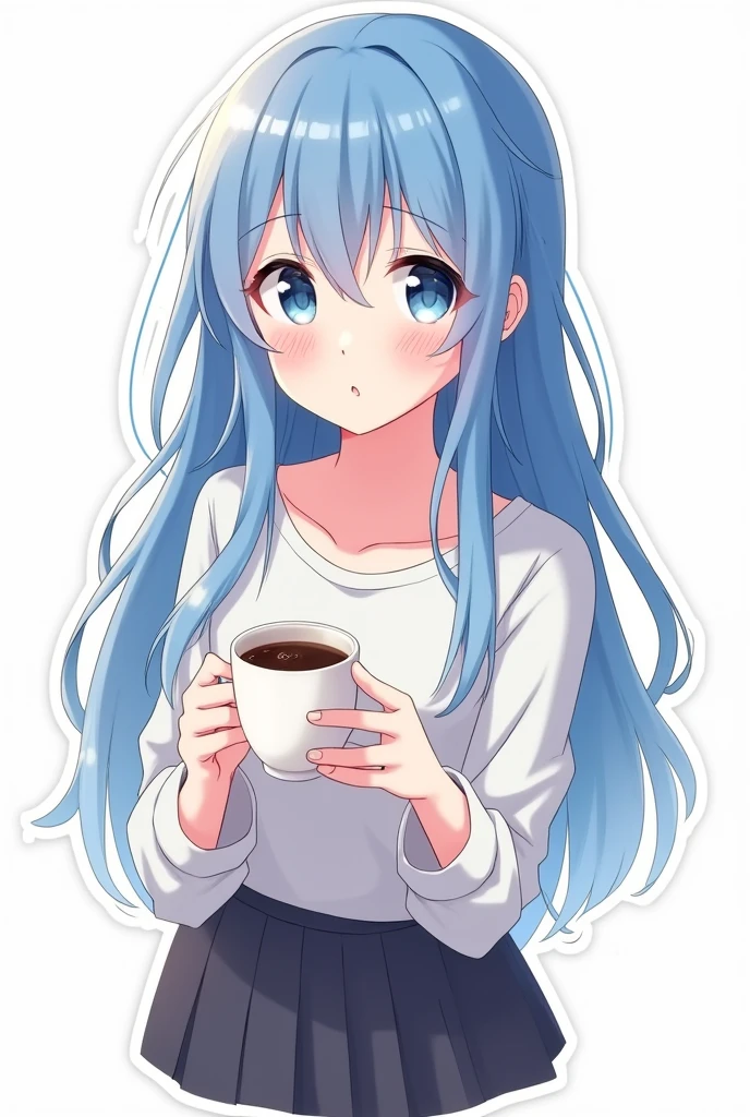 Anime girl with long hair and blue eyes in shirt and skirt, Cute anime girl, Cute anime face, extremely cute anime girl face, Anime visuals of cute girls, portrait of cute anime girl, portrait of cute anime girl, cute kawaii girl, portrait of cute anime girl, kawaii anime manga style, cute anime style, cute anime girl, splash art anime , anime, anime style, Sticker, surrounded by white outline, on transparent background, a small turn from the camera to the left, ((Drinking a cup of coffee, drinks))