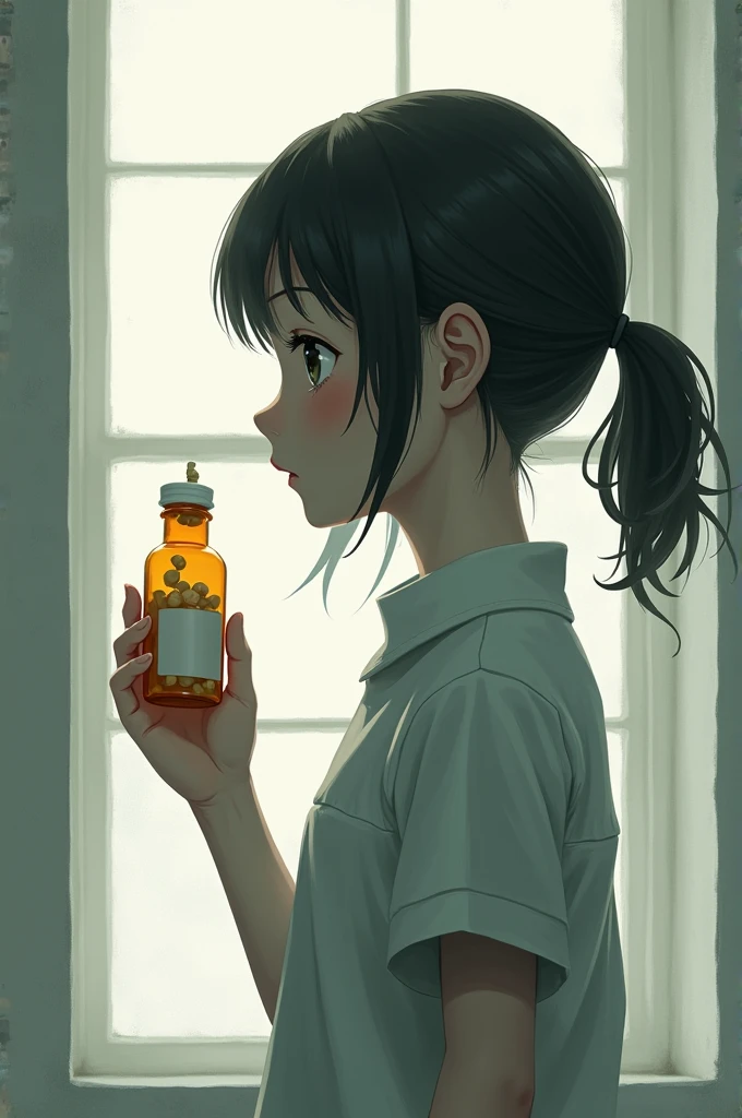 Girl with a bottle of pills in her hand about to throw them away, anime style, in profile